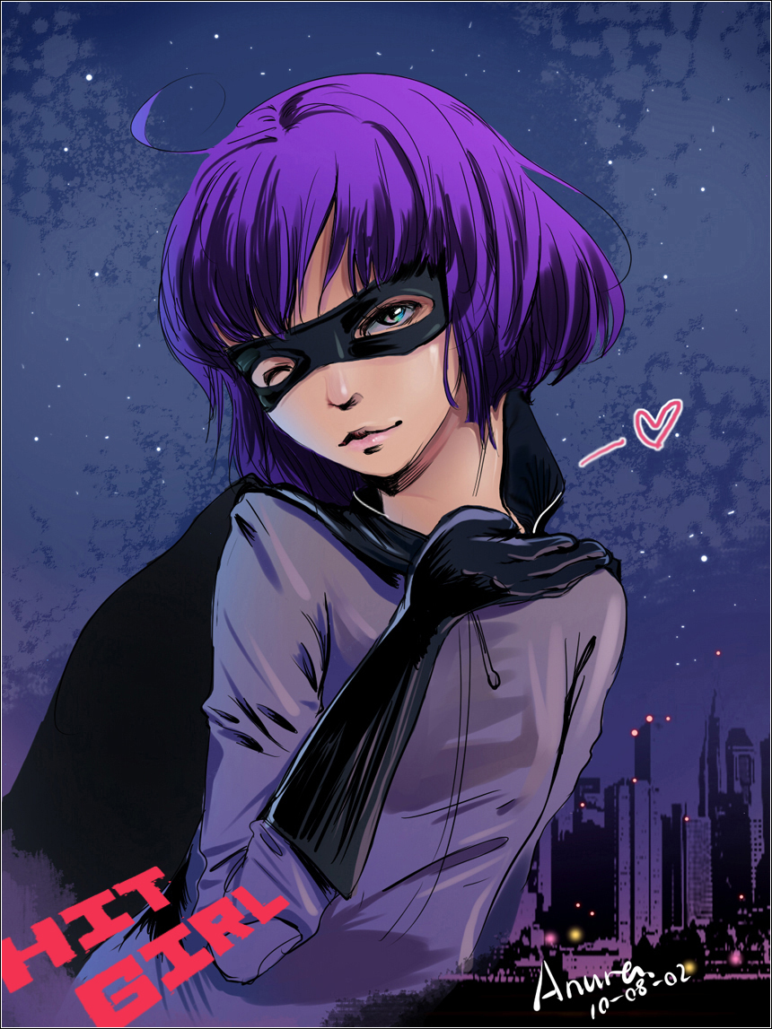 anura, bob_cut, cape, city, cityscape, gloves, head_tilt, heart