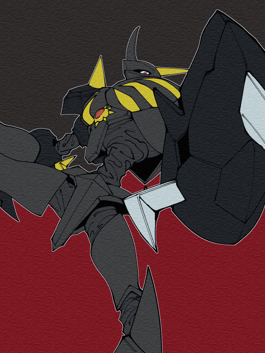 black_background, black_skin, blue_eyes, cape, colored_skin, digimon, digimon_(creature), extra_arms, faux_traditional_media, from_below, highres, horns, humanoid_robot, manchi_kansuke, omegamon_zwart, red_cape, robot, simple_background, spikes