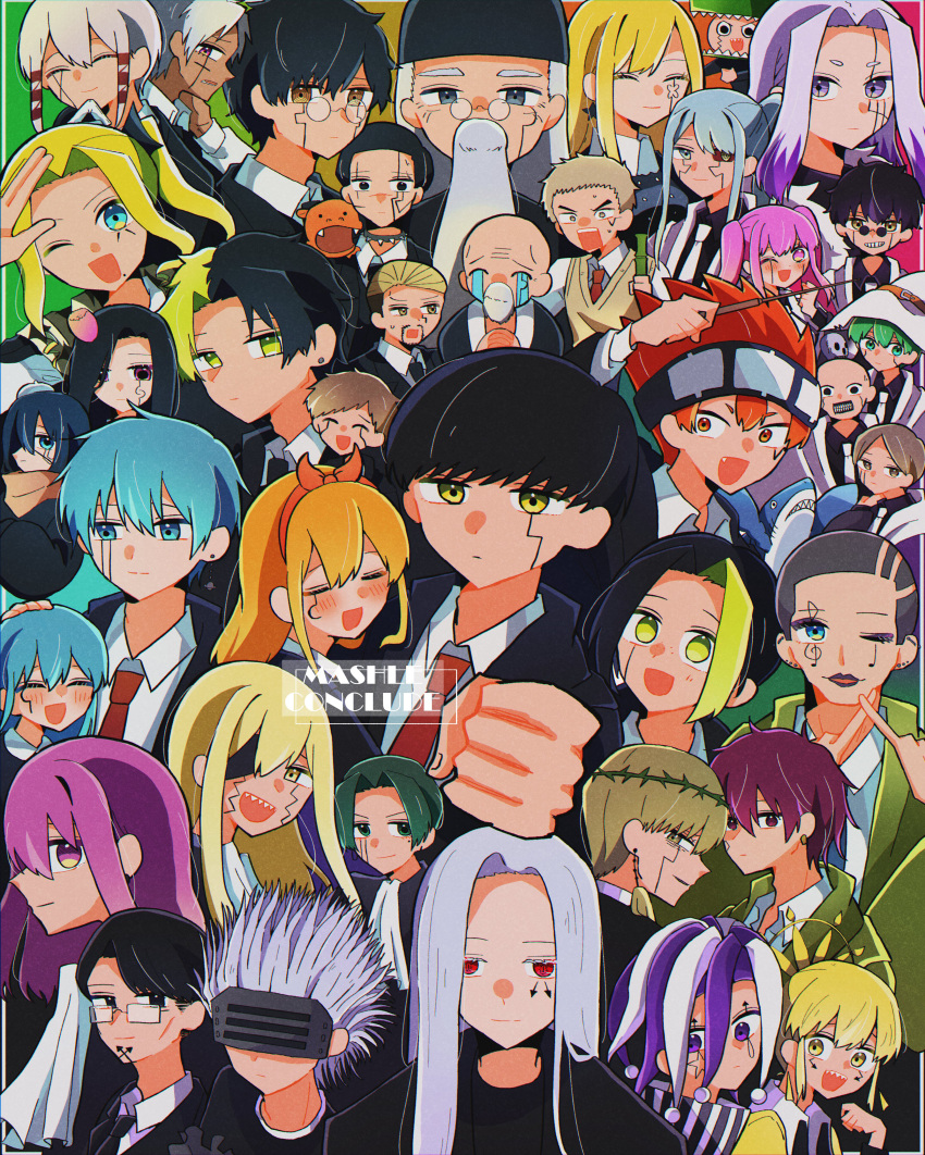 5girls, 6+boys, abel_walker, absurdres, abyss_razor, anna_crown, anser_shinri, black_hair, black_robe, blue_eyes, brad_coleman, carpaccio_luo-yang, cell_war, charles_contini, colored_eyelashes, daut_barret, delisaster, domina_blowelive, everyone, facial_mark, famin_(mashle), finn_ames, green_hair, hat, highres, i_(user_hsfr2282), innocent_zero, jester, jester_cap, kaldo_gehenna, lance_crown, lemon_irvine, levi_rosequartz, long_hair, love_cute, margarette_macaron, mash_burnedead, mashle, max_land, milo_genius, multiple_boys, multiple_girls, olore_andrew, orange_hair, orter_madl, pink_hair, purple_hair, rayne_ames, red_eyes, redhead, regro_burnedead, renatus_revol, robe, ryoh_grantz, short_hair, sophina_biblia, spiky_hair, tom_knowles, tsurara_halestone, violet_eyes, wahlberg_baigan, wand, white_hair, wirth_madl, yellow_eyes