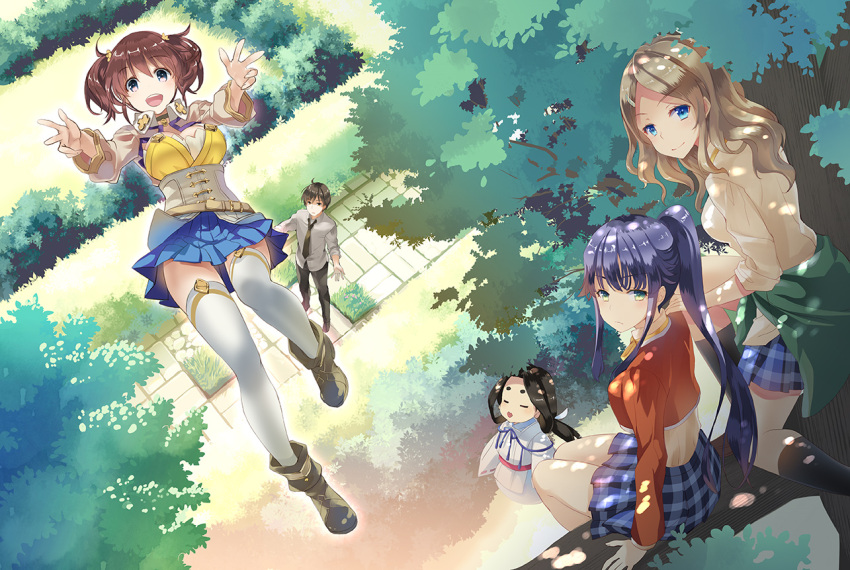 1boy, 4girls, black_hair, black_pants, blue_hair, boots, branch, breasts