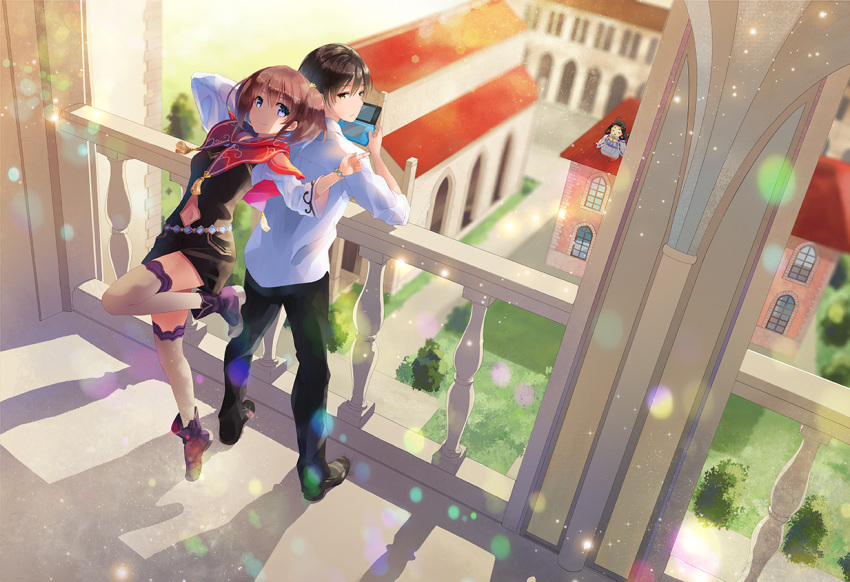 1boy, 2girls, black_footwear, black_pants, border, brown_hair, building, clip_studio_paint_(medium)