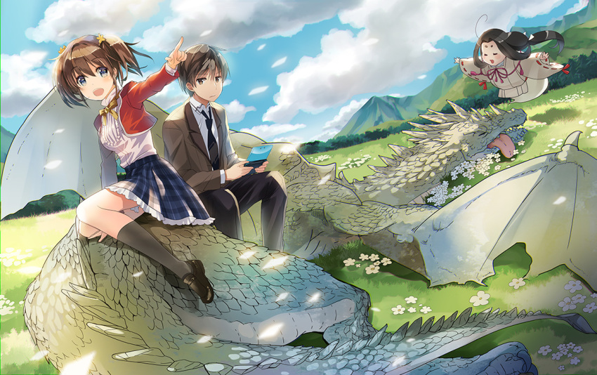 1boy, 2girls, black_necktie, blue_eyes, blue_sky, brown_hair, brown_jacket, clip_studio_paint_(medium)