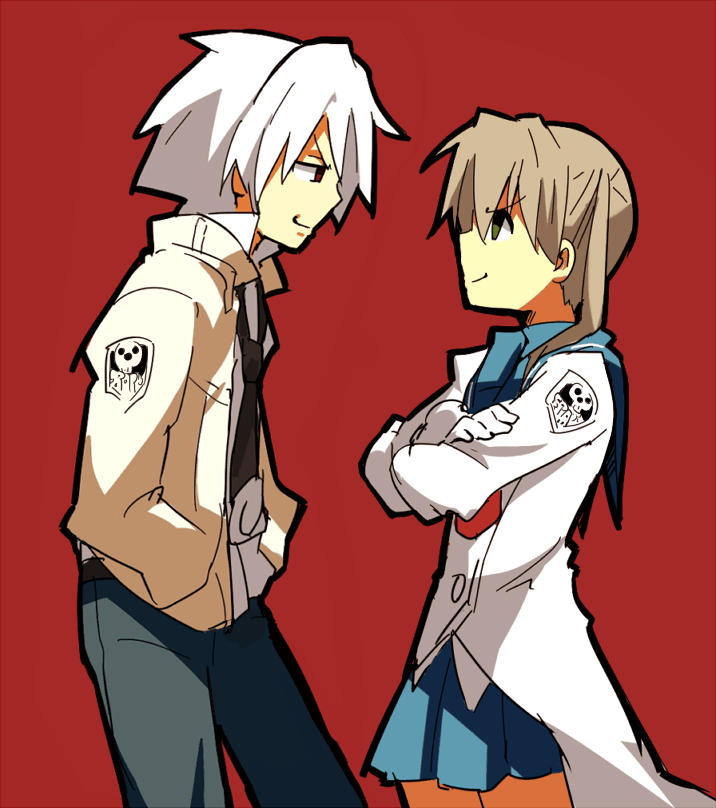 gloves, green_eyes, hand_in_pocket, jacket, long_hair, maka_albarn, red_eyes, school_uniform