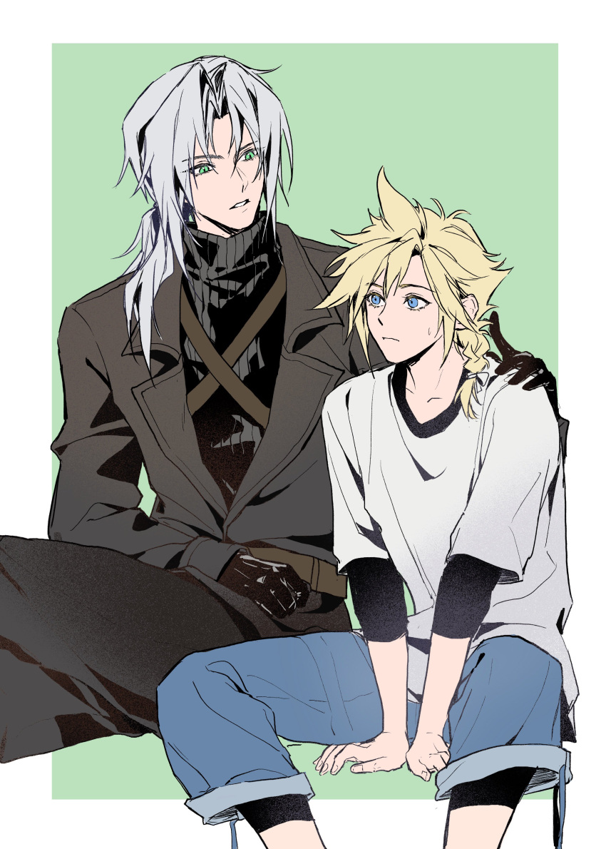 2boys, absurdres, aged_down, alternate_hairstyle, between_legs, black_coat, black_gloves, black_pants, black_shirt, black_sweater, blonde_hair, blue_pants, braid, chest_strap, chinese_commentary, cloud_strife, coat, commentary_request, crossed_legs, final_fantasy, final_fantasy_vii, final_fantasy_vii_ever_crisis, gloves, green_background, green_eyes, grey_hair, hair_over_shoulder, hand_between_legs, hand_on_another's_shoulder, highres, invisible_chair, layered_shirt, layered_sleeves, long_hair, long_sleeves, looking_at_another, looking_down, male_focus, multiple_boys, pants, parted_lips, ponytail, raven9_k, sephiroth, shirt, simple_background, single_braid, sitting, slit_pupils, spiky_hair, spread_legs, sweatdrop, sweater, t-shirt, turtleneck, turtleneck_sweater, upper_body, white_shirt