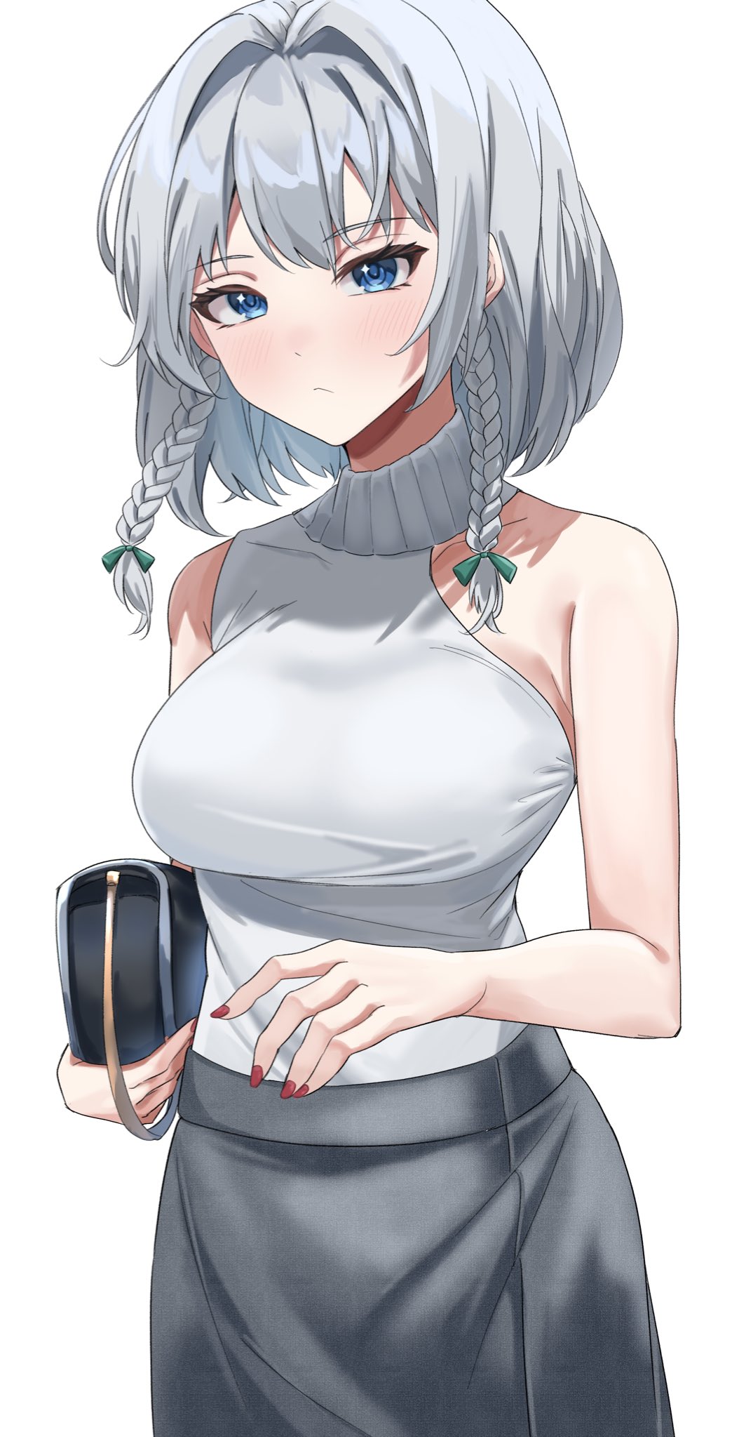 1girl, blue_eyes, bow, breasts, contemporary, expressionless, green_bow, grey_skirt