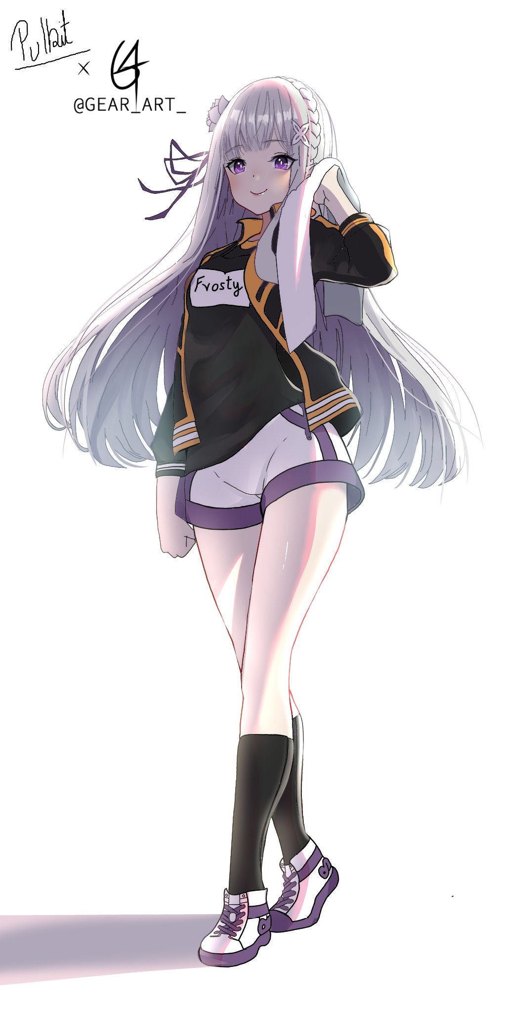 1girl, black_socks, braid, cedric_(gear_art), collaboration, contemporary, crown_braid, drying, emilia_(re:zero), english_commentary, english_text, flower, hair_flower, hair_ornament, hair_ribbon, highres, lips, long_hair, looking_at_viewer, pulkit200, purple_ribbon, re:zero_kara_hajimeru_isekai_seikatsu, ribbon, rose, shadow, short_shorts, shorts, signature, smile, socks, solo, standing, violet_eyes, white_background, white_flower, white_hair, white_rose, white_sneakers, workout_clothes, x_hair_ornament