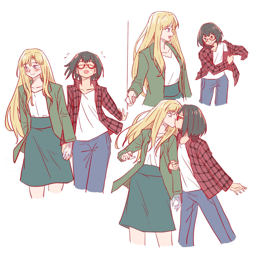 2girls, anjuro_zeeku, black_hair, blonde_hair, blue_eyes, blush, brown_eyes, closed_eyes