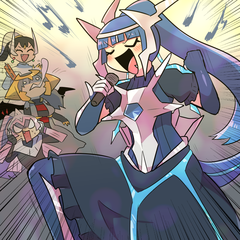 1boy, 3girls, arceus, bad_singing, black_hair, blue_hair, breasts, chest_jewel