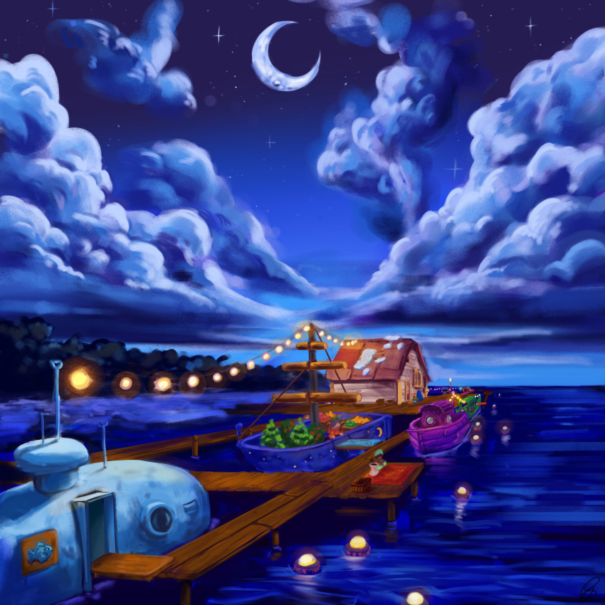 boots, building, buoy, clouds, crescent_moon, davinciwannabe, dock, highres, lake, lights, moon, night, night_sky, pier, rug, scenery, sky, star_(sky), stardew_valley, starry_sky