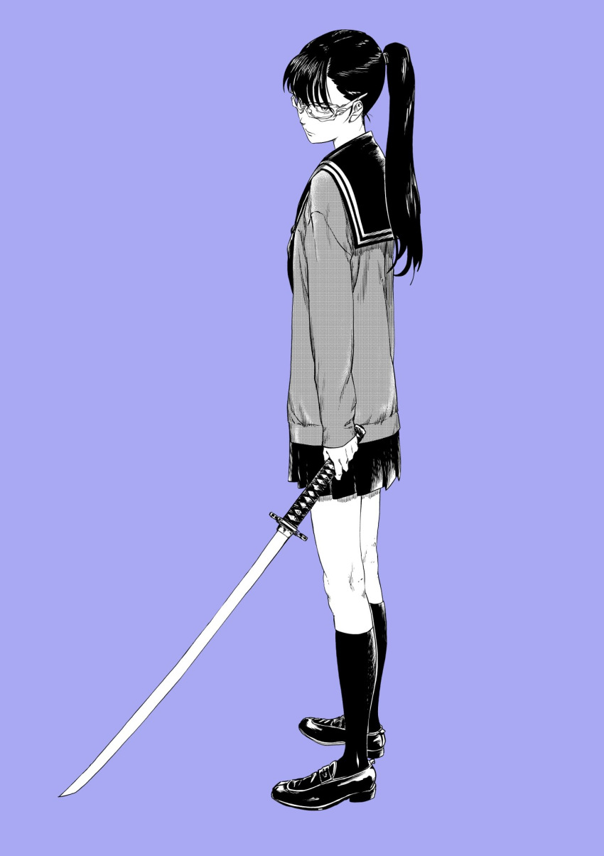1girl, from_side, glaring, glasses, highres, holding, holding_sword, holding_weapon, jacket, katana, kim_taemyung, kneehighs, monochrome, original, ponytail, purple_background, school_uniform, skirt, socks, solo, sword, weapon