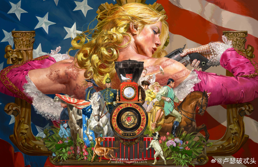 absurdres, american_flag, blonde_hair, branded, curly_hair, dog, funny_valentine, gun
