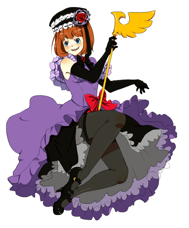 bad_id, bare_shoulders, blue_eyes, bow, breasts, butterfly, dress, elbow_gloves