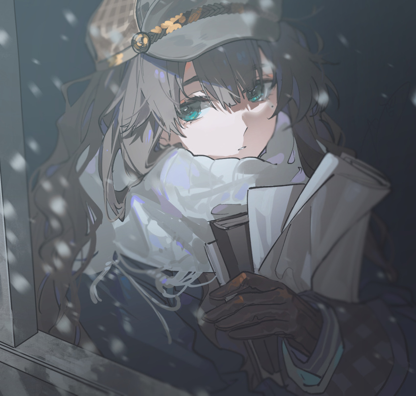1girl, blue_coat, blue_eyes, book, brown_gloves, brown_hair, cabbie_hat, coat
