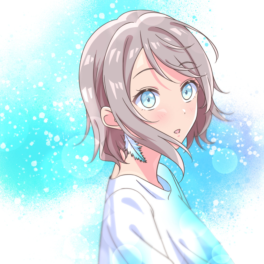 1girl, blue_eyes, blush, brown_hair, earrings, feathers, from_side, highres