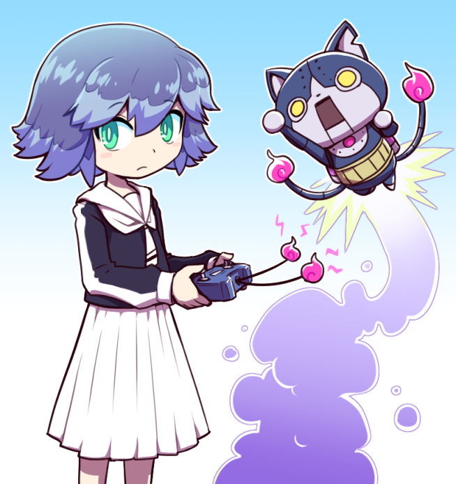 1girl, aqua_eyes, blue_hair, cat, controller, flame-tipped_tail, gradient_background, haramaki