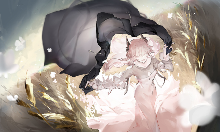 1girl, arknights, arm_up, breasts, closed_eyes, demon_horns, dress, hair_between_eyes
