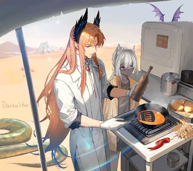 1boy, 2girls, animal_ears, arknights, arthropod_girl, blue_eyes, bottle, camel_ears