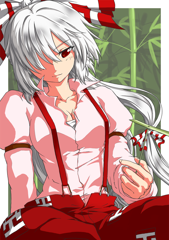 bamboo, bamboo-copter, bamboo_forest, forest, fujiwara_no_mokou, hair_over_one_eye, izuna_nie, izunanie