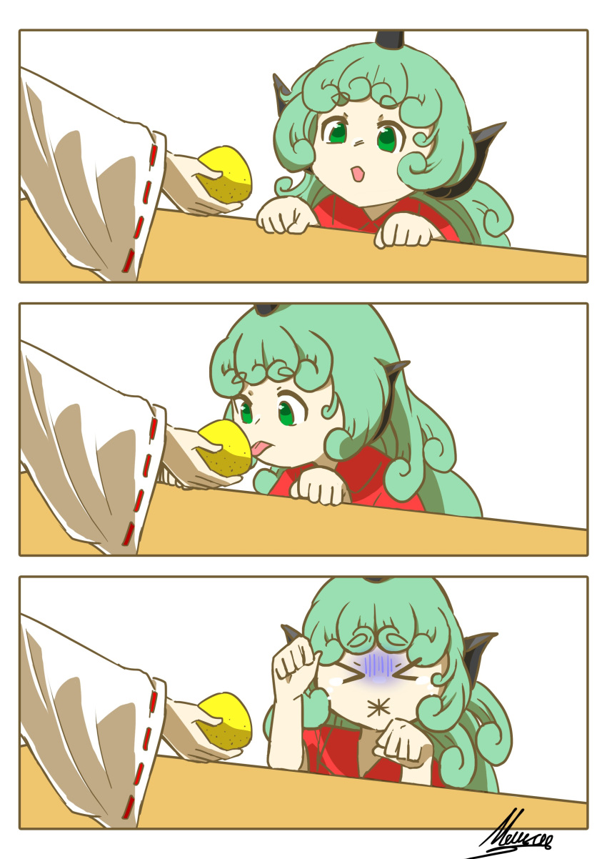 >_<, 2girls, :x, absurdres, closed_eyes, cone_horns, curly_hair, food