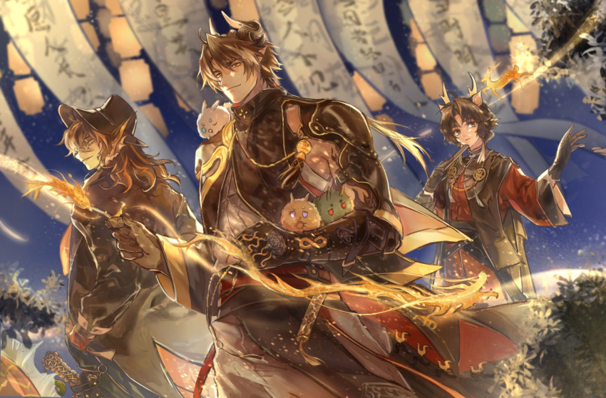 1girl, 2boys, animal_ears, antlers, arknights, armor, brown_hair, chinese_commentary