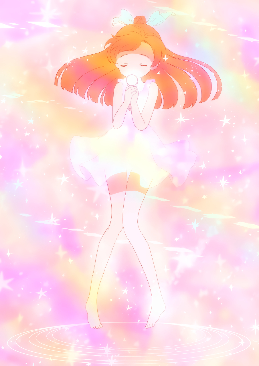 1girl, barefoot, closed_eyes, commentary_request, dress, full_body, glowing_dress, hair_bun
