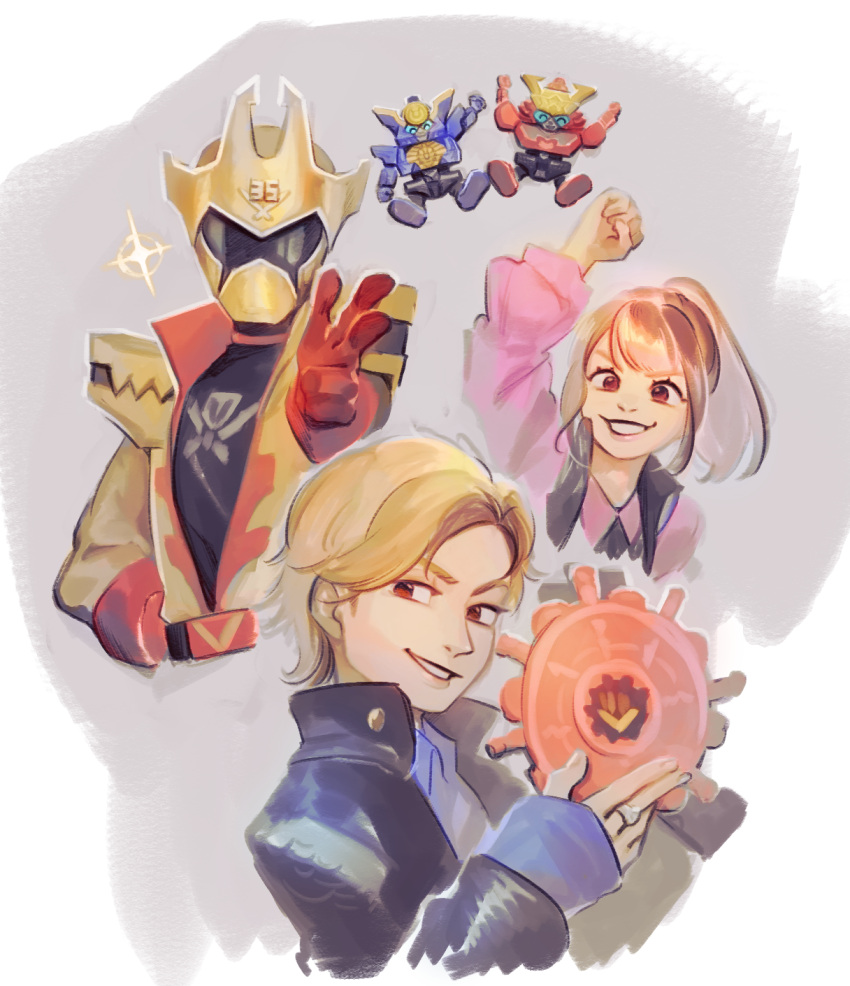 1boy, 1girl, arm_up, black_coat, black_shirt, blonde_hair, brown_hair, character_request