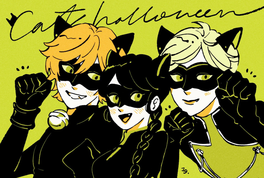 1girl, 2boys, adrien_agreste, animal_ears, bell, black_bodysuit, black_hair, black_mask