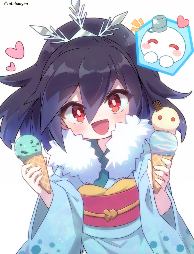1girl, black_hair, blue_hair, blush, food, fur-trimmed_kimono, fur_trim, goku_fubukihime, heart, high_ponytail, holding, holding_ice_cream_cone, ice_cream, ice_cream_cone, japanese_clothes, kimono, long_hair, looking_at_viewer, mint_chocolate, open_mouth, red_eyes, simple_background, snowman, solo, tabana, traditional_youkai, twitter_username, white_background, youkai_(youkai_watch), youkai_watch, youkai_watch:_punipuni, yuki_onna
