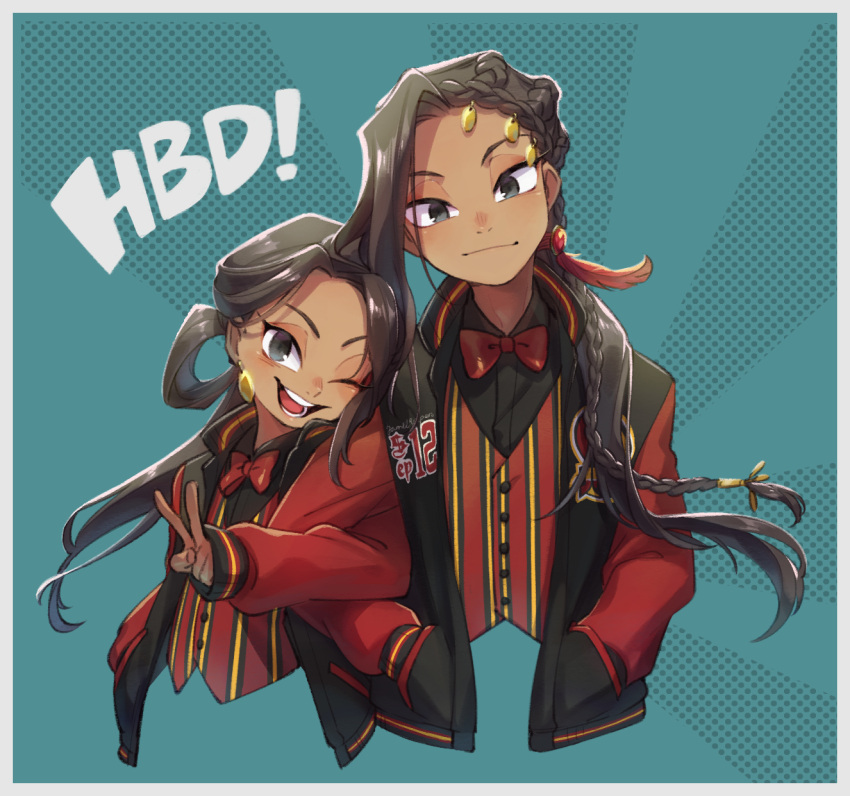 1boy, 1girl, black_eyes, black_hair, black_shirt, blue_background, border, bow