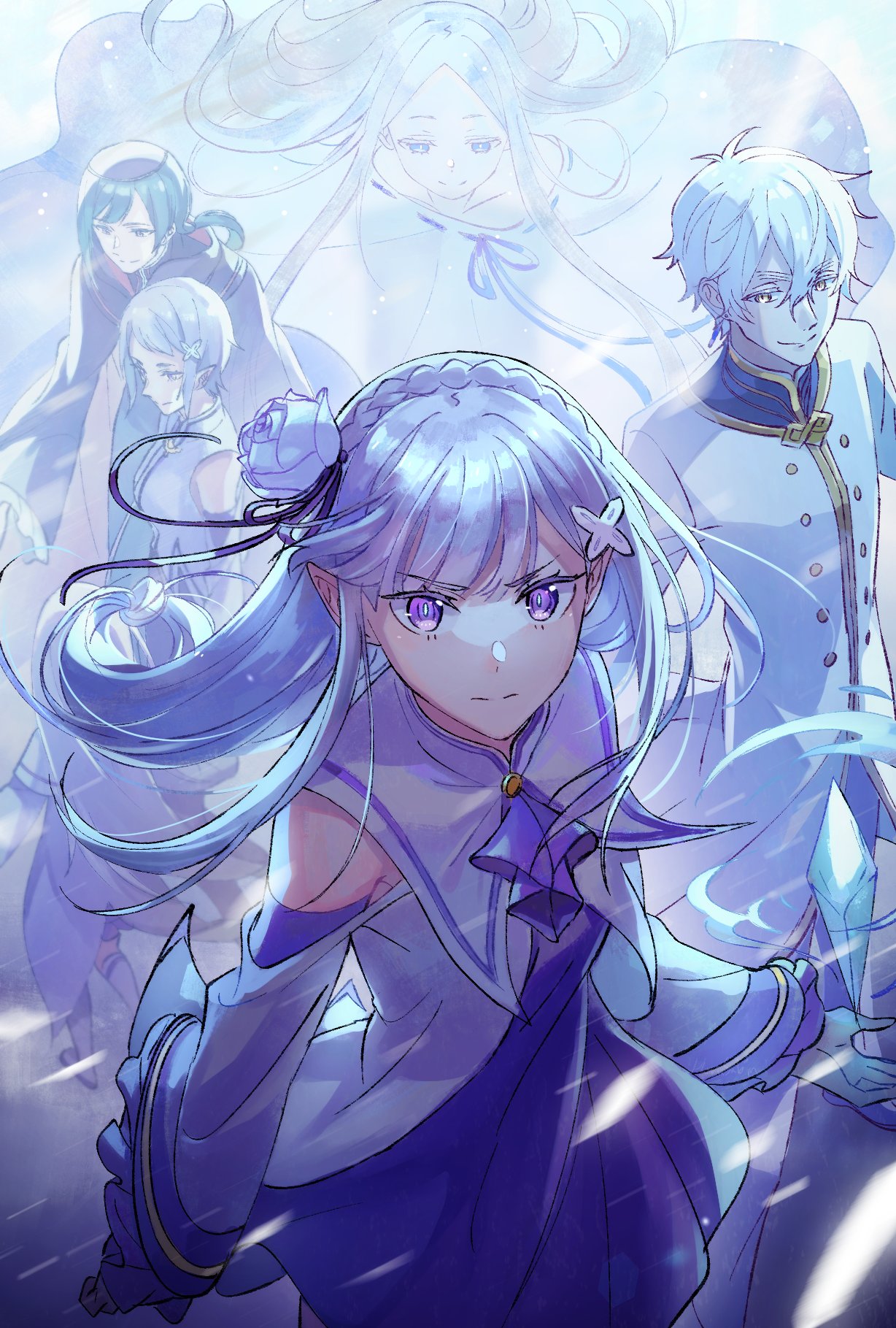 2boys, 3girls, aunt_and_niece, bare_shoulders, blue_eyes, blue_ribbon, braid, collarbone