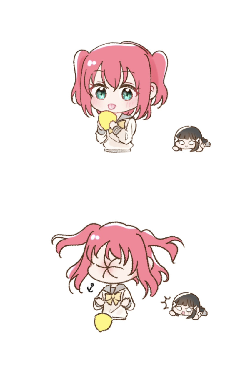 1girl, anchor_symbol, black_hair, bow, bowtie, character_doll, chibi, commentary