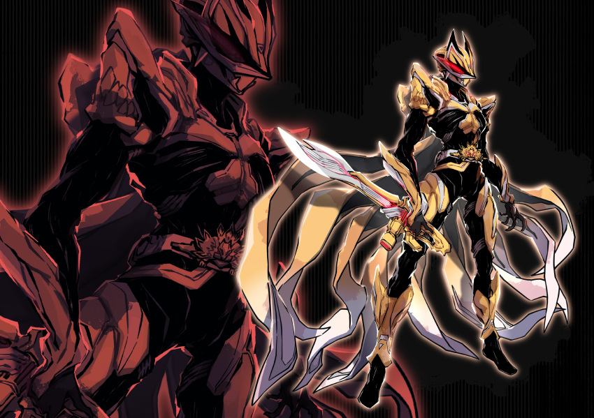 1boy, absurdres, armor, copyright_request, dooms_geats_core_id, full_armor, full_body, geats_buster_qb9, gold_armor, highres, holding, holding_sword, holding_weapon, kamen_rider, kamen_rider_dooms_geats, kamen_rider_geats, kamen_rider_geats:_jyamato_awaking, kamen_rider_geats_(series), linnnoj, sword, tokusatsu, weapon