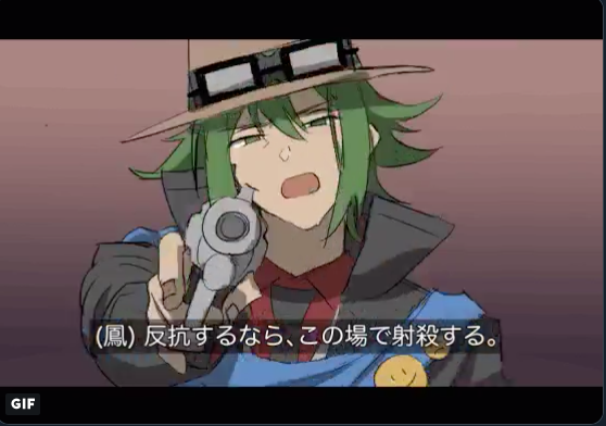1boy, aiming, black-framed_eyewear, black_jacket, black_necktie, black_sleeves, blue_scarf, brown_background, brown_hat, collared_jacket, collared_shirt, commentary_request, danganronpa_(series), fake_screenshot, fingernails, furrowed_brow, goggles, goggles_on_head, gradient_background, green_eyes, green_hair, gun, half-closed_eyes, handgun, hat, high_collar, holding, holding_gun, holding_weapon, jacket, letterboxed, long_sleeves, looking_at_viewer, male_focus, necktie, open_clothes, open_jacket, open_mouth, otori_teruya, pipipyoco, red_shirt, scarf, shirt, short_hair, simple_background, smiley_face, solo, spoilers, straight-on, super_danganronpa_another_2, translation_request, upper_body, weapon