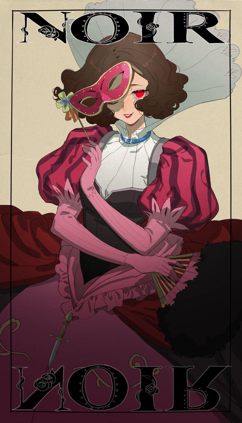 1girl, belt, belt_collar, black_corset, blue_belt, brown_background, brown_hair, collar