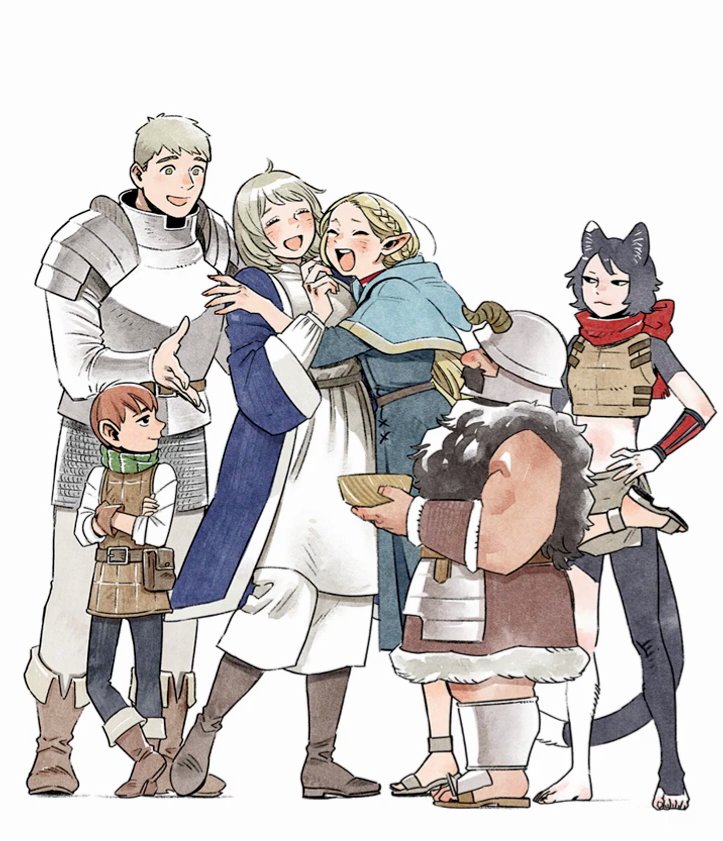 3boys, 3girls, :3, animal_ears, armor, barefoot, beard, black_hair