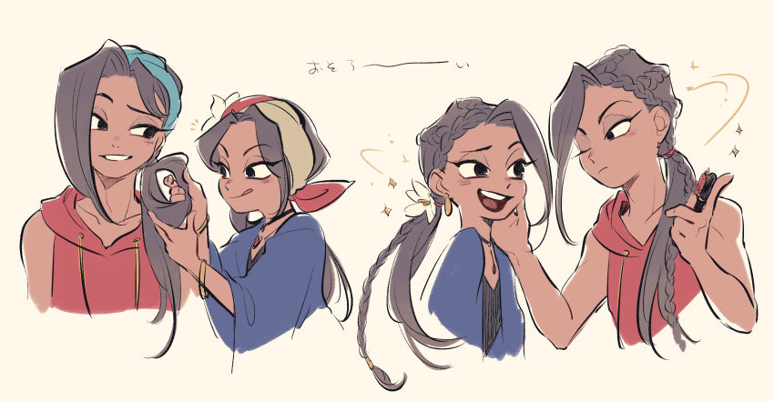 1boy, 1girl, blue_jacket, bracelet, braid, braiding_hair, brother_and_sister, brown_hair