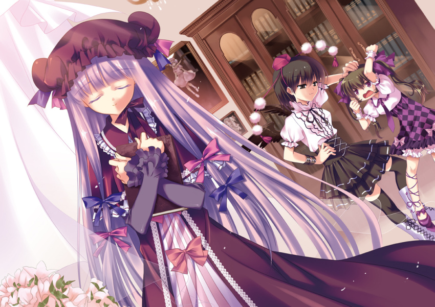 alternate_color, alternate_costume, black_hair, book, book_hug, bookshelf, closed_eyes, flandre_scarlet
