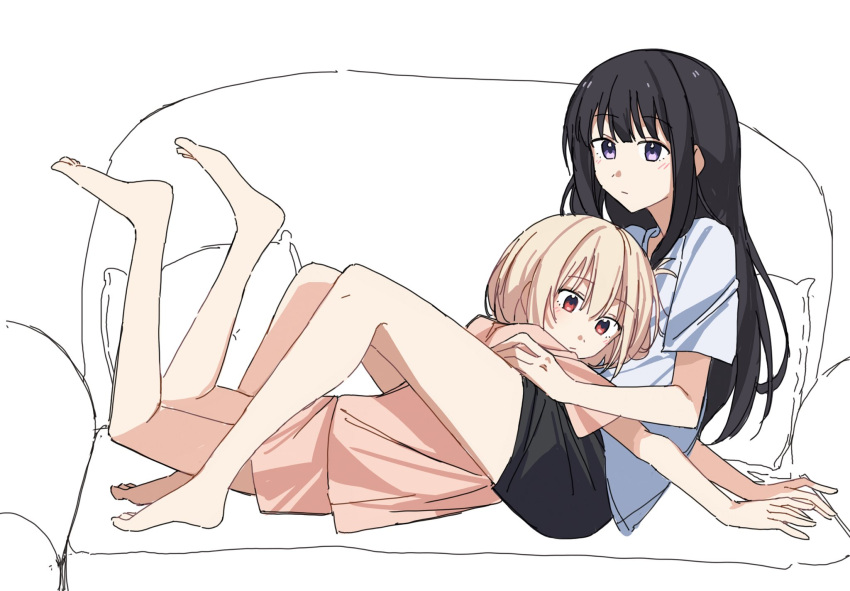 2girls, bare_legs, barefoot, black_hair, black_shorts, blonde_hair, blue_shirt, blush