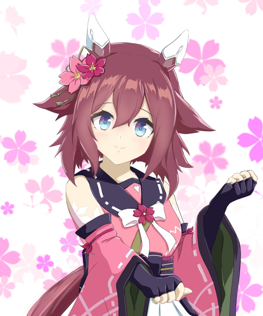 1girl, animal_ears, blue_eyes, blush, breasts, closed_mouth, commentary_request, detached_sleeves, fingerless_gloves, floral_background, flower, gloves, hair_flaps, hair_flower, hair_ornament, highres, horse_ears, horse_girl, medium_breasts, medium_hair, metal_jumper513, pink_hair, portrait, ribbon, sakura_chiyono_o_(umamusume), smile, solo, umamusume, white_background