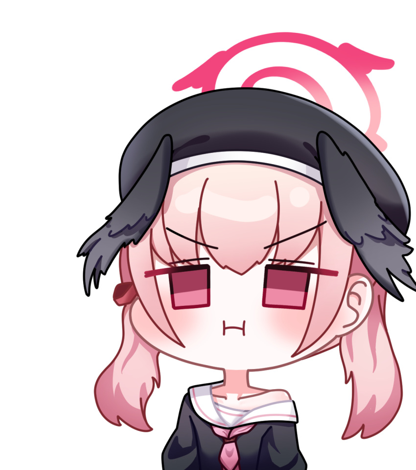 1girl, black_beret, black_shirt, black_wings, blue_archive, blush, chibi, chokkon