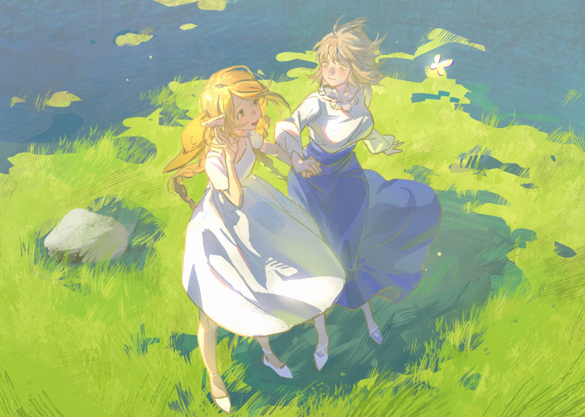 2girls, absurdres, blonde_hair, blue_skirt, braid, bug, butterfly, chinese_commentary