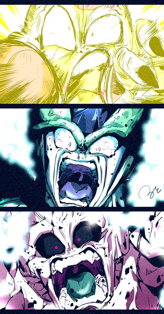 black_nails, black_sclera, breaking, cell_(dragon_ball), colored_sclera, colored_skin, colored_tongue, dragon_ball