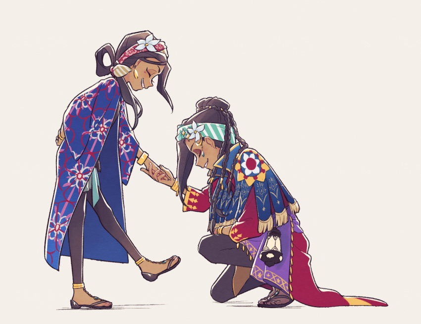 1boy, 1girl, arm_behind_back, black_hair, blue_robe, braid, brother_and_sister, brown_hair