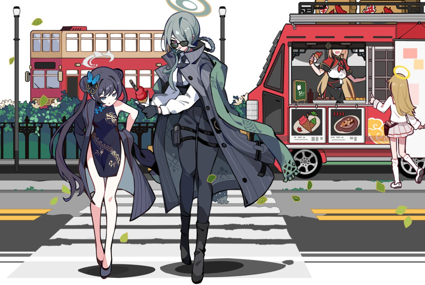 4girls, black_dress, black_footwear, black_hair, black_pants, blue_archive, boots, braid