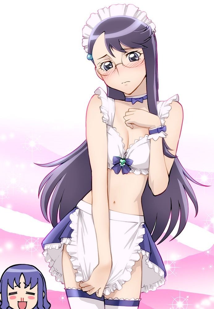 alternate_costume, apron, blood, blue_eyes, blush, blush_stickers, breasts, chibi_inset