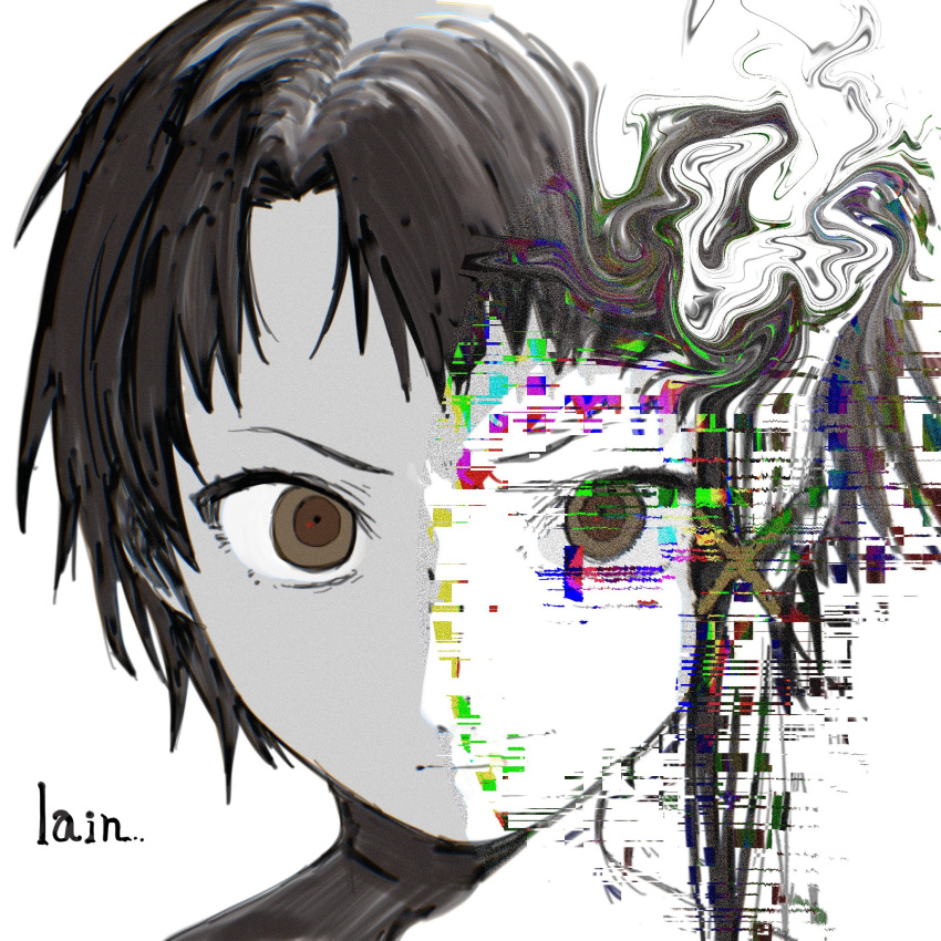 1girl, abstract, asymmetrical_bangs, brown_eyes, character_name, closed_mouth, commentary, english_commentary