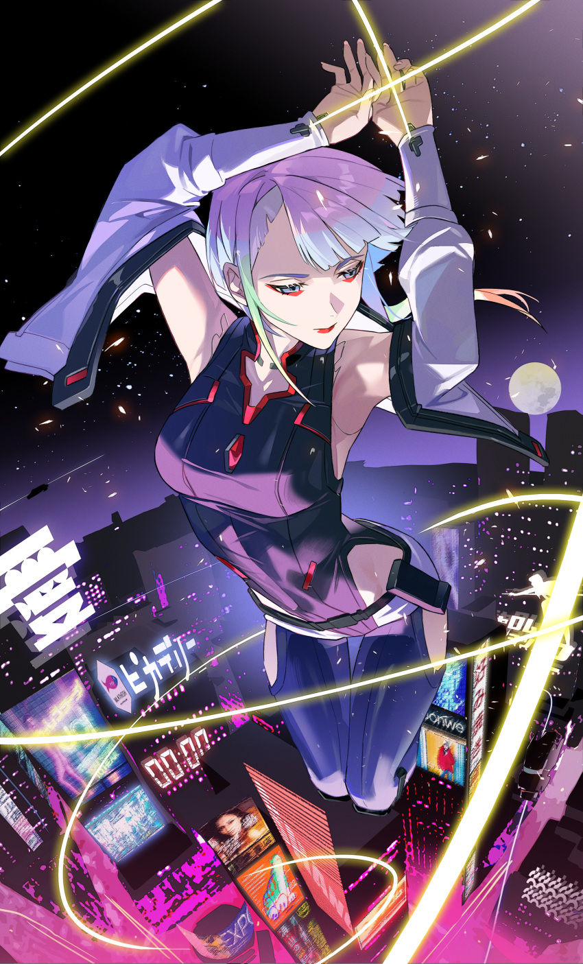 1girl, absurdres, armpits, arms_up, asymmetrical_hair, bigroll, black_leotard, blue_eyes