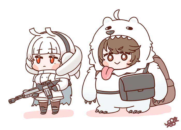 2girls, :>, ahoge, alternate_hair_color, alternate_hairstyle, backpack, bag, bear, blunt_bangs, blush_stickers, boots, brown_bag, brown_eyes, brown_hair, chibi, coat, cosplay, earmuffs, gloves, gun, last_origin, leprechaun_(last_origin), machine_gun, messy_hair, mole, mole_under_eye, multiple_girls, pixie_(last_origin), pixie_(last_origin)_(cosplay), polar_bear, red_eyes, rodong8, ryan_(last_origin), ryan_(last_origin)_(cosplay), short_hair, signature, silky_(last_origin), simple_background, tongue, tongue_out, weapon, white_background, white_hair, winter_clothes, winter_coat