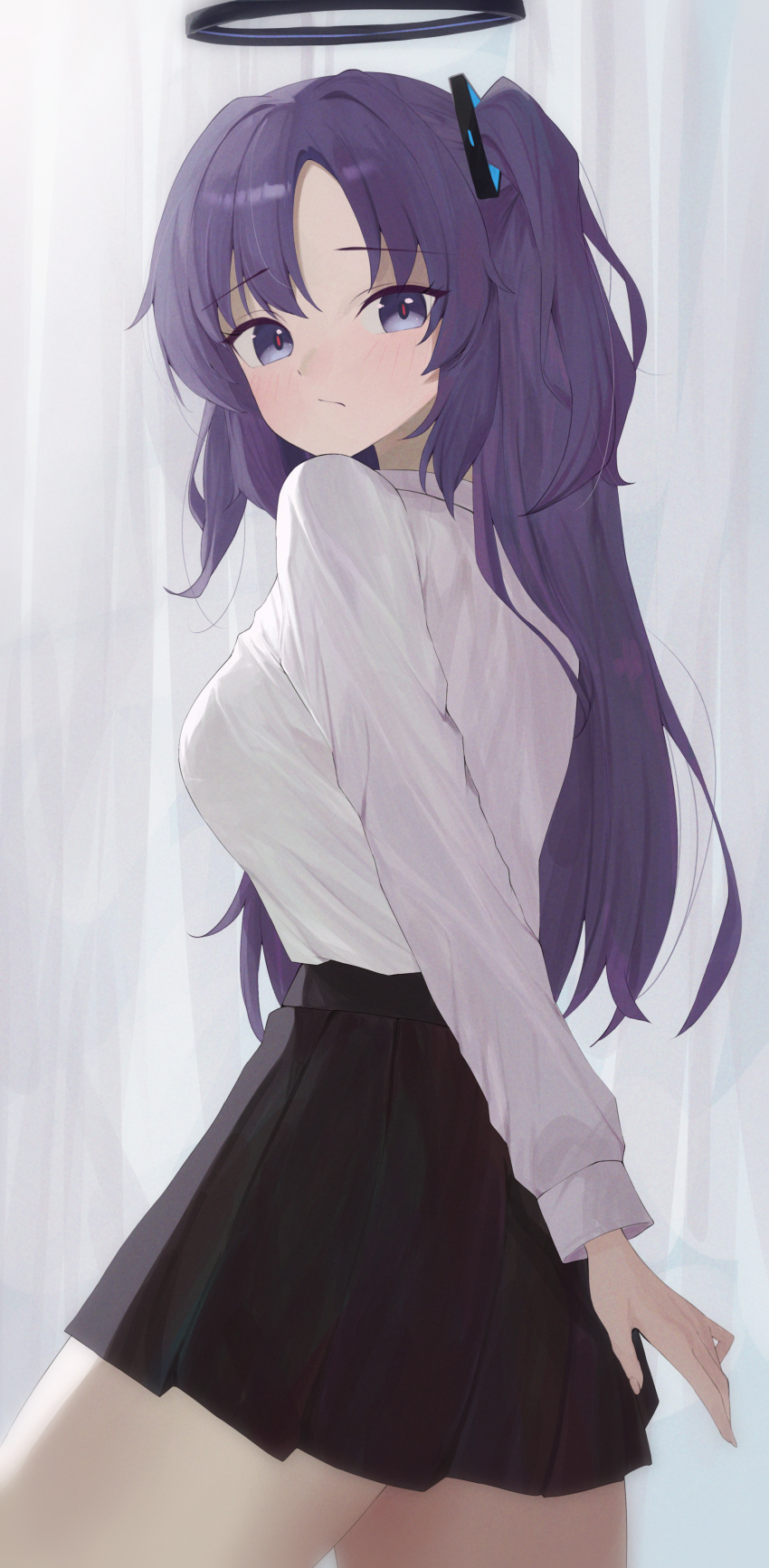 1girl, absurdres, black_skirt, blue_archive, blush, breasts, closed_mouth, cowboy_shot