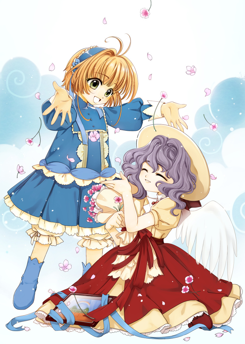 2girls, :d, ^_^, absurdres, aged_down, angel_wings, antenna_hair, bloomers